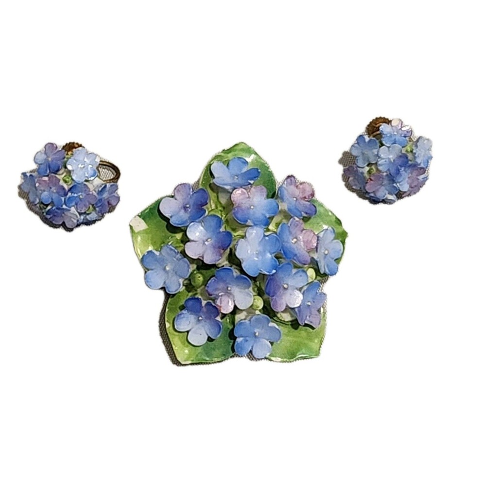 Vintage Cara China Staffordshire Porcelain Blue Floral Brooch and Earring Set